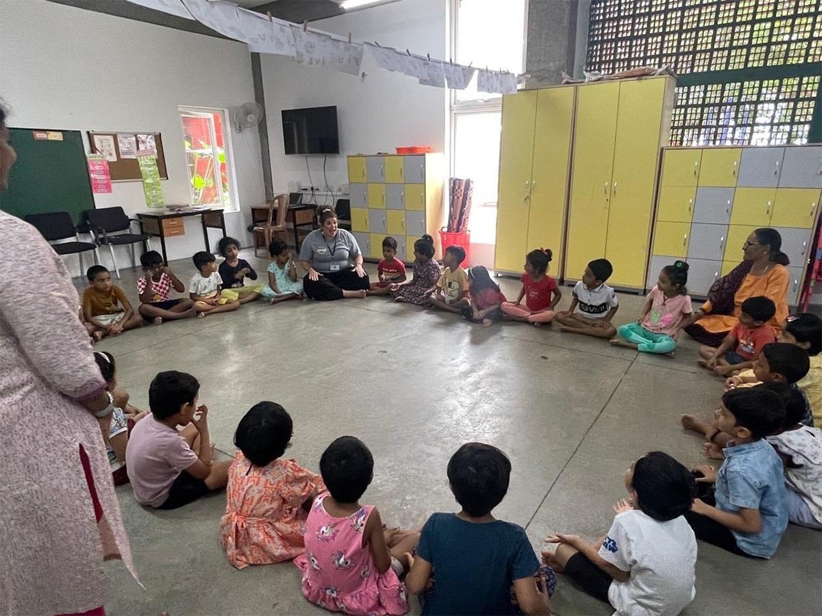 Heisterkamp, an elementary music teacher in Omaha, Nebraska, observed varying classroom environments in India and led music games and activities for a kindergarten class. (Submitted photo)